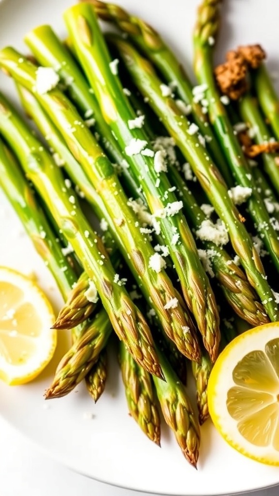 Crispy Air Fryer Asparagus Recipe Crispy air fryer asparagus garnished with Parmesan cheese and lemon on a white plate.